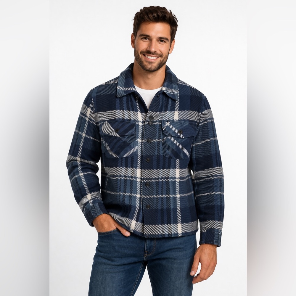 Frye Indigo Plaid Flannel Shirt Jacket Men’s Small Blue White Button Front NWT